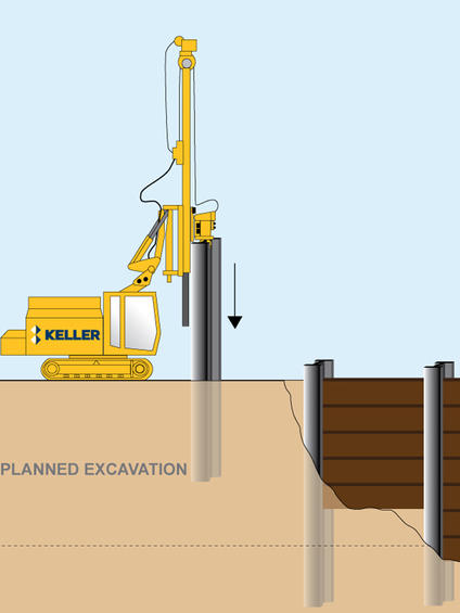 Keller rig installing king post soldier pile and lagging wall